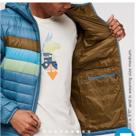 Cotopaxi Men’s Medium Fuego Hooded Down Puffer Jacket Blue Spruce Stripes NWT - Picture 13 of 15